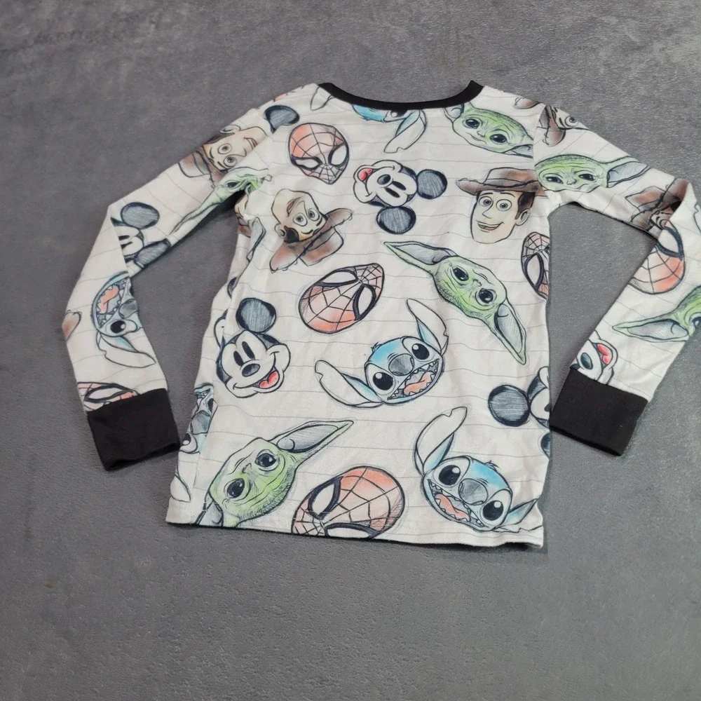 Disney Pajama Top Kids 12 White Disney 100 Character Sketch‎ Mashup Long Sleeve